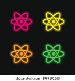 Atom Symbol four color glowing neon vector icon