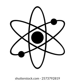 Atom symbol icon. Black electron structure. Science vector outline. Minimalistic physics shape.