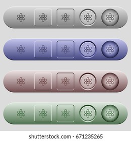 Atom symbol icons on rounded horizontal menu bars in different colors and button styles