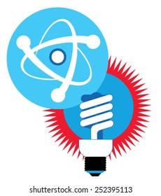 Atom symbol and illuminated compact fluorescent light bulb