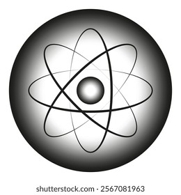 Atom symbol illustration. Black and white design. Science concept vector. Circular minimal shape.