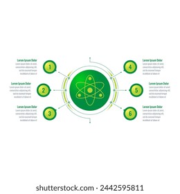 plantilla de infografía de símbolo atom. plantilla de seis pasos. informe anual, plantilla informativa para revista. Plantilla de infografía para la industria, la salud, los negocios, la tecnología, la ciencia