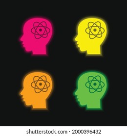 Atom Symbol In Man Head four color glowing neon vector icon