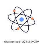 Atom symbol with nucleus and electrons on orbits. Molecular atomic model, molecule structure with particles, elements. Physics science. Flat vector illustration isolated on white background