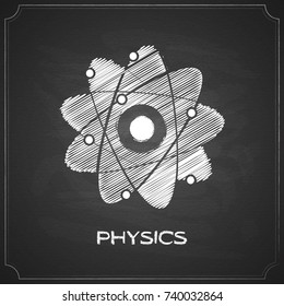 Atom - symbol of physics. Structure of the atom icon. Chalk painted vector illustration on black chalkboard background.
