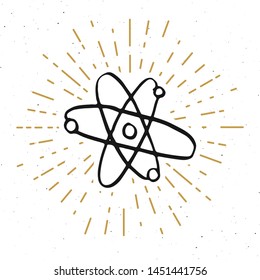 Atom symbol vintage label, grunge textured retro badge, typography design vector illustration.