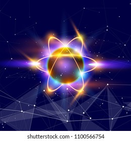 atom - a symbolic image of an elementary particle against a background of deep space with stars & constellations. In the foreground - a digital information wave, symbolizing big data