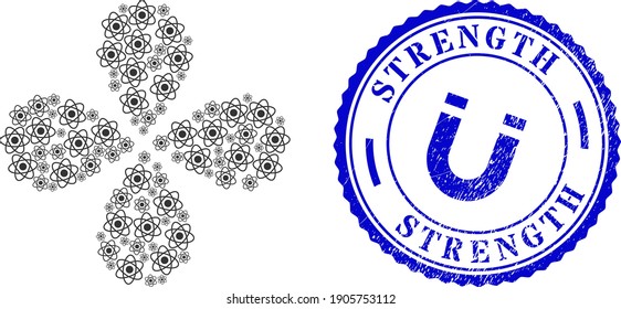 Atom twirl flower shape, and blue round STRENGTH textured stamp with icon inside. Object twirl created from oriented atom items. Vector flower collage in flat style.