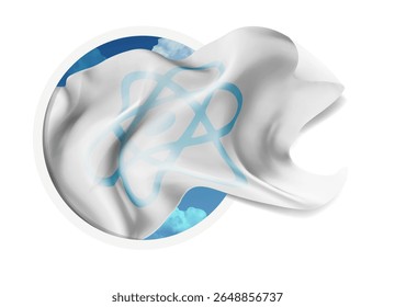 átomo, vetor 3d bandeira contra um céu azul, através de um buraco redondo em um fundo branco