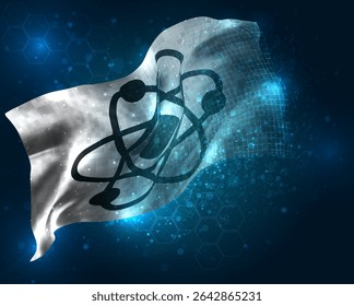 atom, vector 3d flag virtual triangular polygons on a blue background