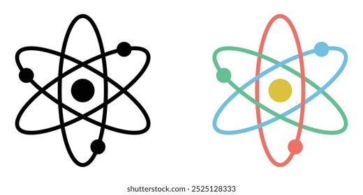 Conjunto de ícones do vetor Atom. Símbolo de átomo preto e colorido. Física nuclear. Três elétrons giram em órbitas ao redor do núcleo atômico.