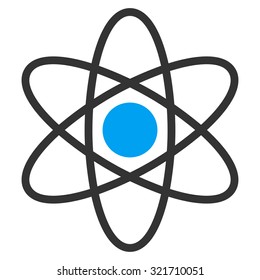 Atom vector icon. Style is bicolor flat symbol, blue and gray colors, rounded angles, white background.