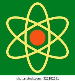 Atom vector icon. Style is bicolor flat symbol, orange and yellow colors, rounded angles, green background.
