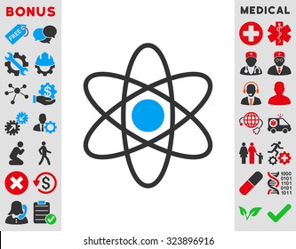 Atom vector icon. Style is bicolor flat symbol, blue and gray colors, rounded angles, white background.