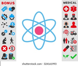 Atom vector icon. Style is bicolor flat symbol, pink and blue colors, rounded angles, white background.