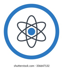 Atom vector icon. Style is bicolor flat rounded symbol, smooth blue colors, rounded angles, white background.