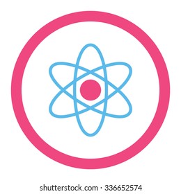 Atom vector icon. Style is bicolor flat rounded symbol, pink and blue colors, rounded angles, white background.