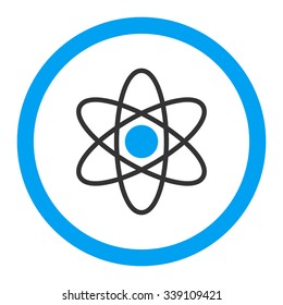 Atom vector icon. Style is bicolor flat rounded symbol, blue and gray colors, rounded angles, white background.
