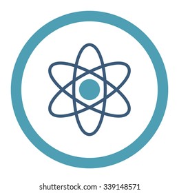 Atom vector icon. Style is bicolor flat rounded symbol, cyan and blue colors, rounded angles, white background.