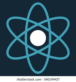 Atom vector icon. Style is bicolor flat symbol, blue and white colors, rounded angles, dark blue background.