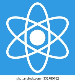 Atom vector icon. Style is flat symbol, white color, rounded angles, blue background.