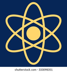 Atom vector icon. Style is flat symbol, yellow color, rounded angles, blue background.