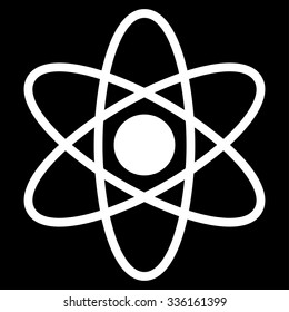 Atom vector icon. Style is flat symbol, white color, rounded angles, black background.