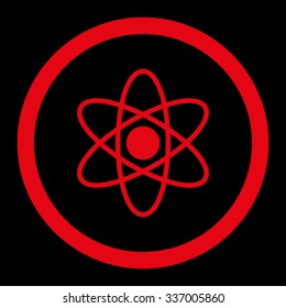 Atom vector icon. Style is flat rounded symbol, red color, rounded angles, black background.