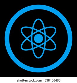 Atom vector icon. Style is flat rounded symbol, blue color, rounded angles, black background.
