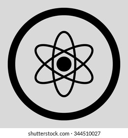 Atom vector icon. Style is flat rounded symbol, black color, rounded angles, light gray background.