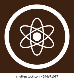 Atom vector icon. Style is flat rounded symbol, white color, rounded angles, brown background.