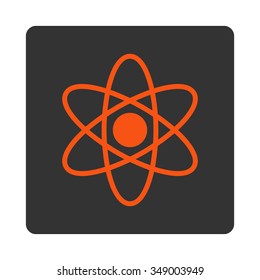 Atom vector icon. Style is flat rounded square button, orange and gray colors, white background.