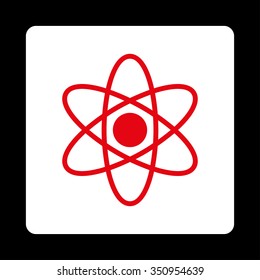 Atom vector icon. Style is flat rounded square button, red and white colors, black background.