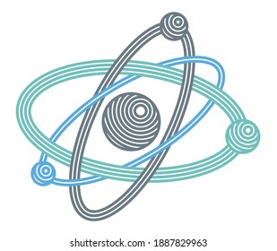 Atom vector symbol in modern linear style isolated on white, science icon or logo of elementary particle, physics education learning theme.