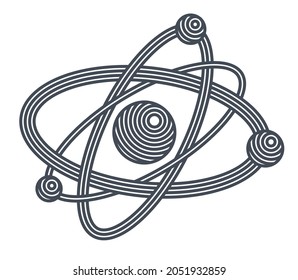 Atom vector symbol in modern linear style isolated on white, science icon or logo of elementary particle, physics education learning theme.