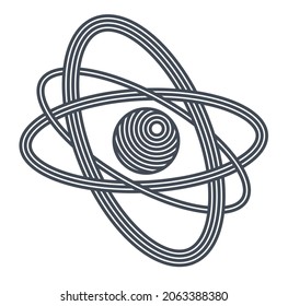Símbolo vector átomo en estilo lineal moderno aislado en blanco, icono científico o logotipo de partícula elemental, tema de aprendizaje de la física.