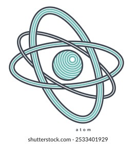 Símbolo de Vector átomo en estilo lineal moderno aislado en blanco, icono de ciencia o logotipo de partícula elemental, tema de aprendizaje de educación física.