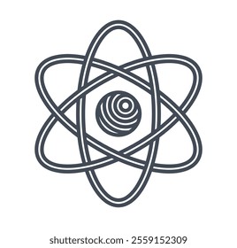 Atom vector symbol in modern linear style isolated on white, science icon or logo of elementary particle, physics education learning theme.