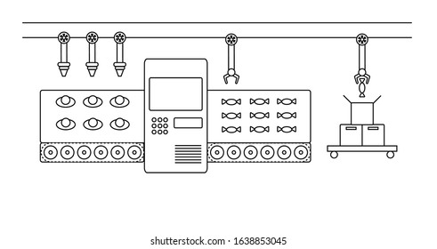 Atomated food production line concept. Conveyor belt production system. Thin line style illustration.