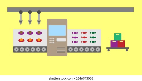 Atomated food production line concept. Conveyor belt production system. Thin line style illustration.