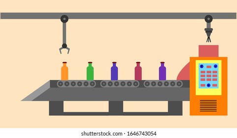 Atomated food production line concept. Conveyor belt production system. Thin line style illustration.