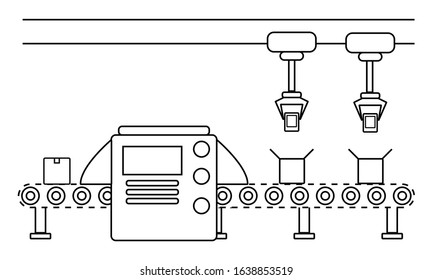 Atomated production line concept. Conveyor belt production system. Thin line style illustration.