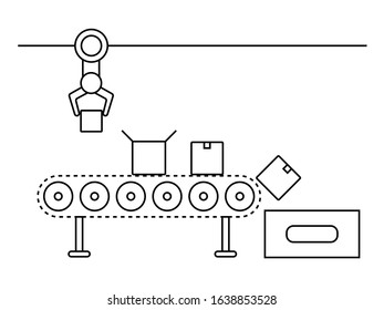 Atomated production line concept. Conveyor belt production system. Thin line style illustration.