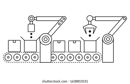 Atomated production line concept. Conveyor belt production system. Thin line style illustration.
