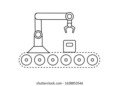 Atomated production line concept. Conveyor belt production system. Thin line style illustration.