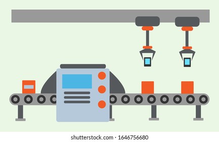 Atomated production line concept. Conveyor belt production system. Thin line style. Vector illustration.