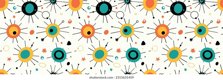 Atomic Age, Abstract Retro, Seamless Pattern Vector Mid Century Colorful Fun Shapes