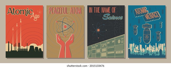 Atomic Age Propaganda Posters Style Illustration Set, Nuclear Energy Plant, Atom, Laboratory, Bobms