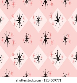 Atomic Age Starburst Seamless Pattern Inspired By 1960's Kitsch. Pink And Black Repeat That Shows The Stylized Mid Century Look, Common With Space Age Advertising, Textiles, Paper, Fashion And Decor.