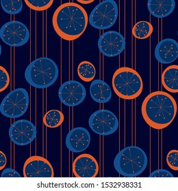 Atomic age style contrast color seamless pattern for background, fabric, textile, wrap, surface, web and print design. Abstract round shapes and lines tile rapport.
